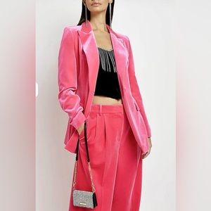 NWT Women River Island Hot Electric Pink Velvet Blazer Wide Leg Pants Suit 4/6